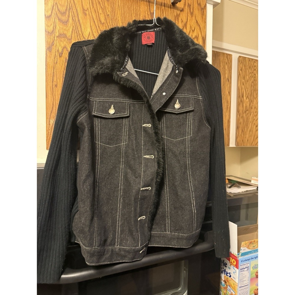 Denim Jacket With Sweater Sleeves and Fur Collar And Size L
